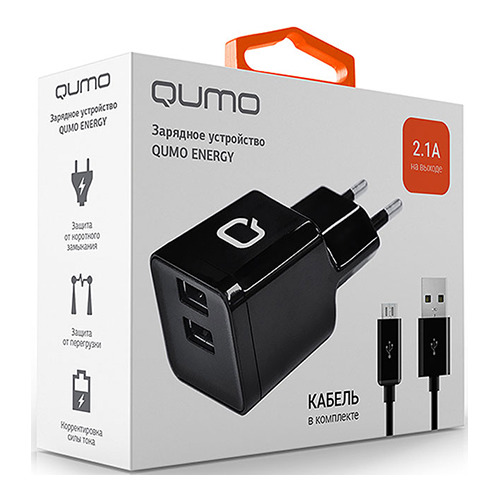 Сетевое зарядное устройство qumo 2usb 2.1a black новый купить за 190 ...